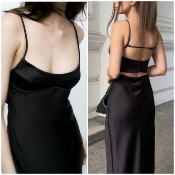 Zara Satin Effect Cut Out Back Midi Dress Black Blogger Favorite Tik Tok Viral - Picture 4 of 16